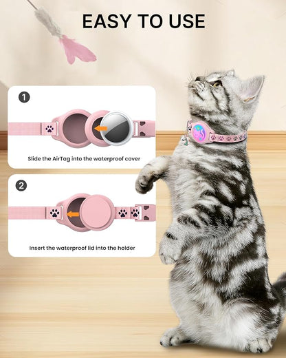 Airtag Cat Collar Breakaway, 2 Pack Cat Collar with Apple Airtag Holder | Reflective Waterproof Cat Collar with Bell, Easy Tracker with Airtag Collar, Adjustable 8-12In Lightweight & Comfortable
