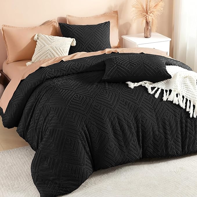 Litanika Super King Plus Comforter Black, 3 Pieces Tufted Boho Farmhouse Bedding Comforter Set, Lightweight Fluffy All Season Comforter Set (120x128In Comforter & 2 Pillowcases)