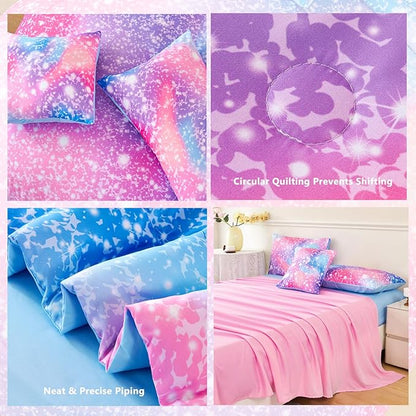 RYNGHIPY 6Pcs Girls Bedding Set Queen Size Colorful Rainbow Comforter Set for Kids Teens Girls Glitter Bedding Set Lightweight Fluffy