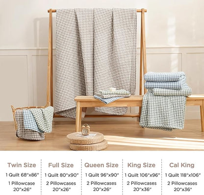 TOCOMOA Tan Gingham Quilt Bedding Set 100% Washed Cotton Bedspread Coverlet Like Linen Feel Soft Comfy Breathable 3 Piece Brown Plaid Checkered Lightweight Comforter Set for All Season, Queen 96"x90"