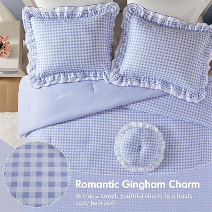 Intelligent Design Rowena Twin Comforter Set – Blue Gingham Ruffled Bedding, Vintage Farmhouse Style, Reversible All Season 3-Piece Bedding Set, Twin/Twin XL, Gift for Her