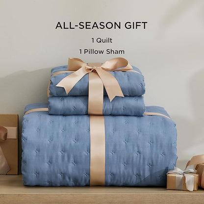 Bedsure Twin Quilt - Ultra Soft Twin XL Quilt Bedding for Dorm Decor, Lightweight All-Season Comforter, Mineral Blue Bedspread Coverlet with Clover Pattern, 68 x 86 Inches | Stitch-Free Quilting, Ultra Soft, Lightweight, Machine Washable, Pet-Friendly