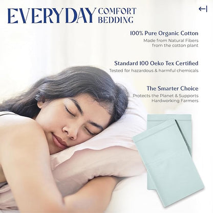 Mayfair Linen 100% Organic Cotton King Size Pillow Cases Set of 2 - Soft Hotel Quality Covers for King Size Pillows (Sea Foam), Authentic GOTS Certified, Crisp, Cooling Percale Cotton Pillowcases