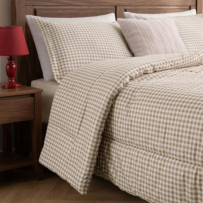 Full Comforter Set, Modern Plaid Checkered Bedding, Tan Gingham Brown Grid Bed Comforter, Soft Fluffy Breathable Farmhouse Dorm Bedding, All Seasons 3 Piece Set | gingham