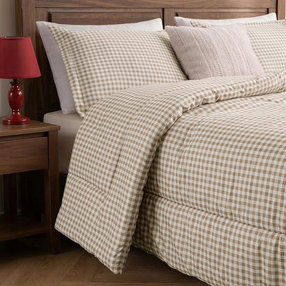 Queen Comforter Set, Modern Plaid Checkered Bedding, Tan Gingham Brown Grid Bed Comforter, Soft Fluffy Breathable Farmhouse Dorm Bedding, All Seasons 3 Piece Set | Gingham