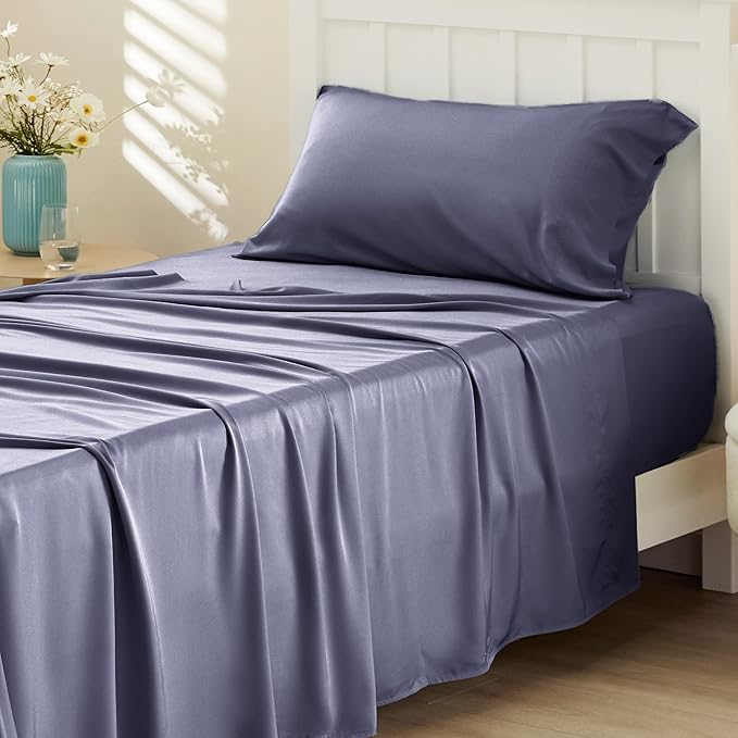 Bedsure Cooling Sheets Twin, Rayon Derived from Bamboo, PureWoven, Breathable & Soft, Deep Pocket Up to 16 Inches, Hotel Luxury Silky Bedding for Hot Sleepers, Dark Grey