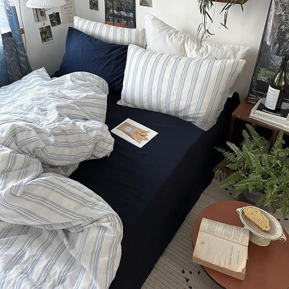 mixinni Vintage Blue & White Striped Duvet Cover Set - 3 Piece 100% Washed Cotton Full Size Bedding | Minimalist Relaxed Style | Ultra Soft Breathable, with Zipper Closure & Corner Ties-Full Size