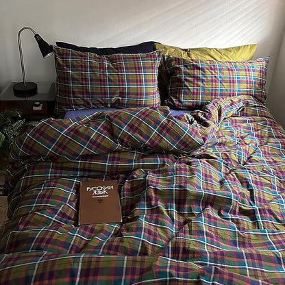mixinni Vintage Multicolor Gingham Comforter Set Twin XL Size - 100% Washed Cotton 3-Piece Retro Plaid Pattern Bedding Set (1 Comforter + 2 Pillowcases), All-Season Lightweight & Breathable