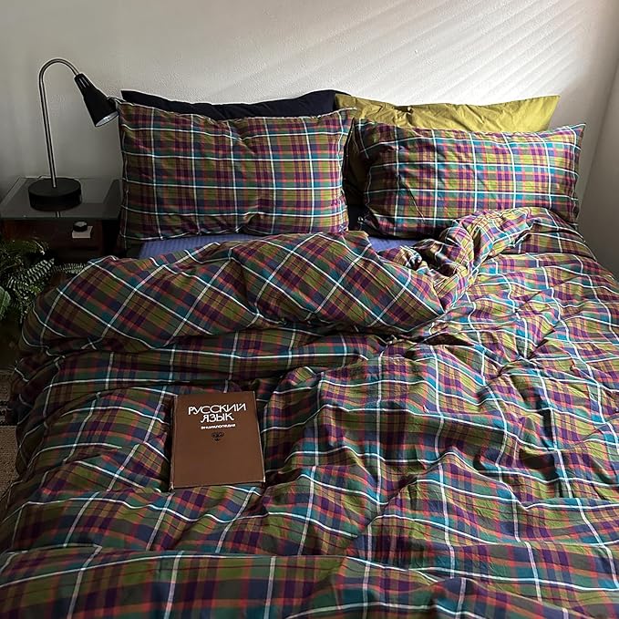 mixinni Vintage Multicolor Gingham Comforter Set King Size - 100% Washed Cotton 3-Piece Retro Plaid Pattern Bedding Set (1 Comforter + 2 Pillowcases), All-Season Lightweight & Breathable