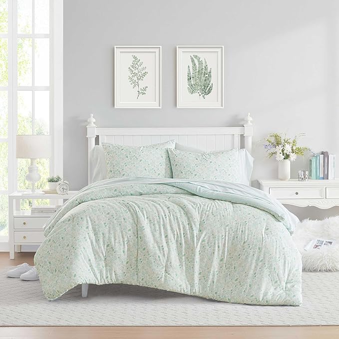 Laura Ashley - King Comforter Set, Soft & Reversible Floral Bedding with Bonus Bed Sheets & Pillowcases, 7 Piece Bed Set for Year Round Comfort (Quartet Jaynie Ticking/Stripe Blue)