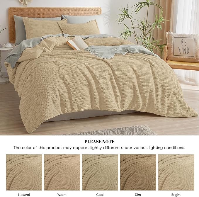 PHF Soft Waffle Comforter Set Queen Size- Comfy Breathable Waffle Weave Comforter with 2 Pillow Shams, 3 Pieces Less Snagging Lightweight Textured Bedding Set for All Season, Light Khaki