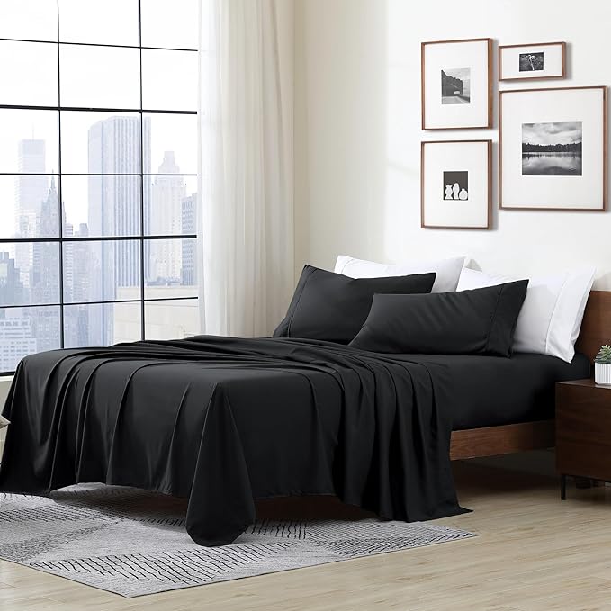 Cathay Home Essentials Ultra Soft Hypoallergenic Wrinkle Resistant Double Brushed Microfiber Bedding Sheet Set, Black, Twin XL