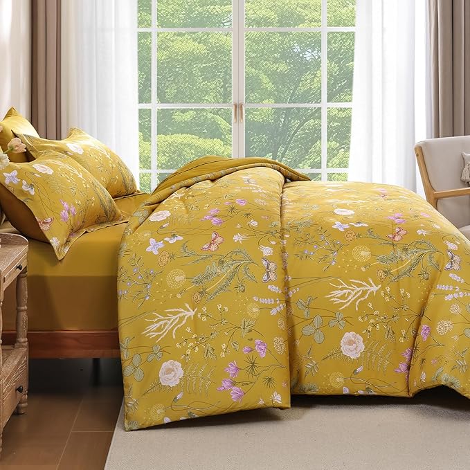 Yiran King Size Comforter Set, 7 Pieces Yellow Floral Soft Bedding Sets, King Bed in a Bag Botanical Flowers All Season Comforter, Sheets, Pillowcases & Shams
