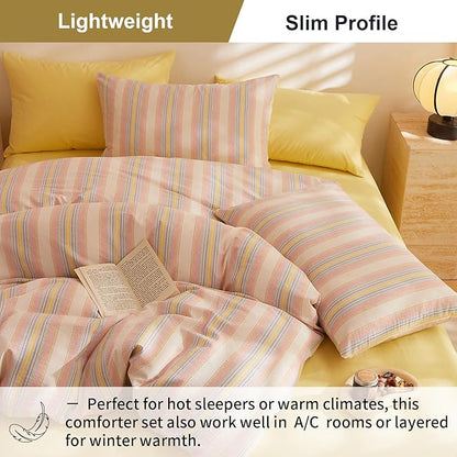 EAVD Retro Striped Comforter Set Queen Multicolor Soft 100% Washed Cotton Chic Colorful Striped Bedding Set with 2 Pillowcases Reversible Farmhouse Geometric Pattern Comforter Set for All-Season