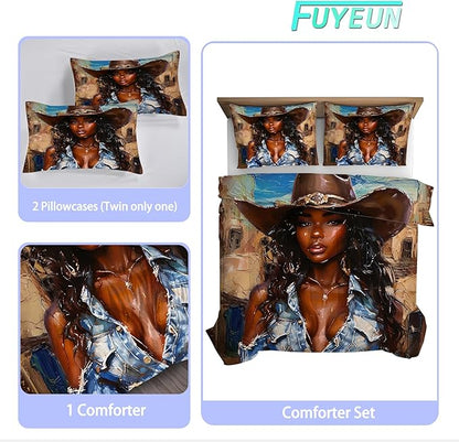 Western Comforter Set Queen: Black Girls Bedding for Cowboys Women Girls African American Bed Bedroom Dorm Fashion Quilt 1 Comforter + 2 Pillow Cases