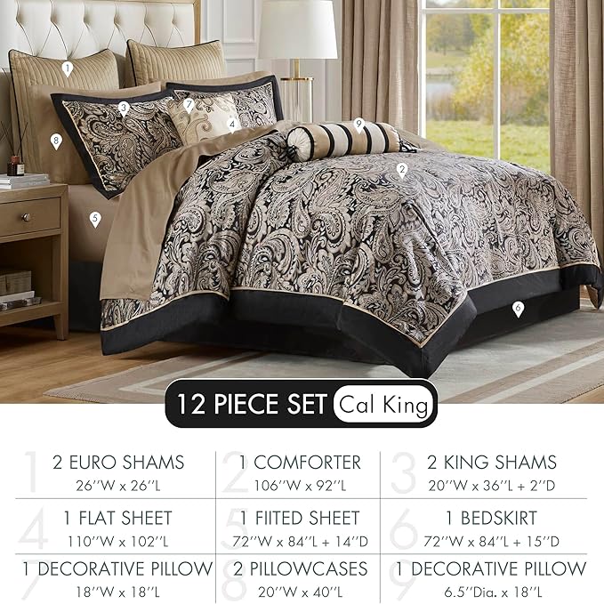 Madison Park Aubrey Cozy Comforter Set, Faux Silk Jacquard Paisley Design - All Season Down Alternative Bedding with Cotton Bed Sheets, Bed Skirt & Toss Pillows, California King Black 12 Piece