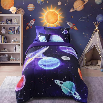 Kids Comforter Set Twin Size for Boys, Rocket Bedding Sets, 3 Pieces Bed in A Bag with 1 Comforter, 1 Decor Pillow, 1 Pillow Sham