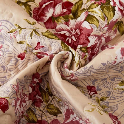 Cmfshape Summer Floral Queen Quilted Bedspread,Romantic Red Quilt Set,Reversible Stitched Bedding Cover All Season,Soft Lightweight Coverlet with Pillow Cases (Red Rose, Queen(90"x90"))