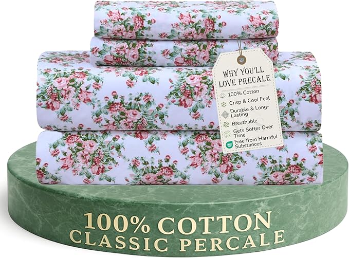 Feather & Stitch Softest 100% Cotton Sheets, 300 Thread Count Percale Weave Bedding, 16" Deep Pocket, Cooling Sheets, Breathable Bed Set, Hotel Premium Quality (Twin, Floral)