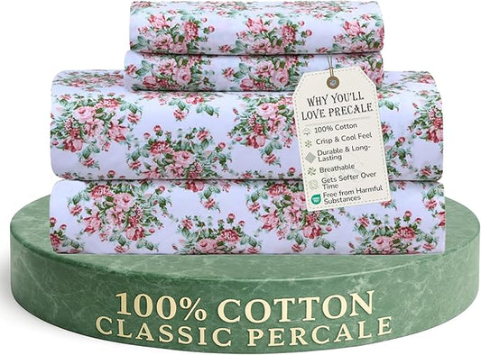 Feather & Stitch Softest 100% Cotton Sheets, 300 Thread Count Percale Weave Bedding, 16" Deep Pocket, Cooling Sheets, Breathable Bed Set, Hotel Premium Quality (Twin, Floral)
