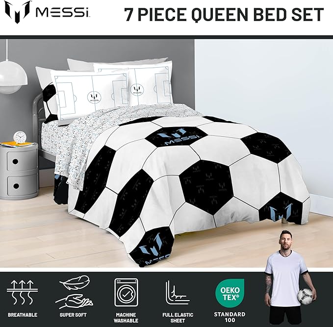 Jay Franco Kids Comforter Set Includes Sheets and Pillow Cover - Soft and Cozy Bed Set for Stylish Room Décor, White - Messi, 7 Piece Queen