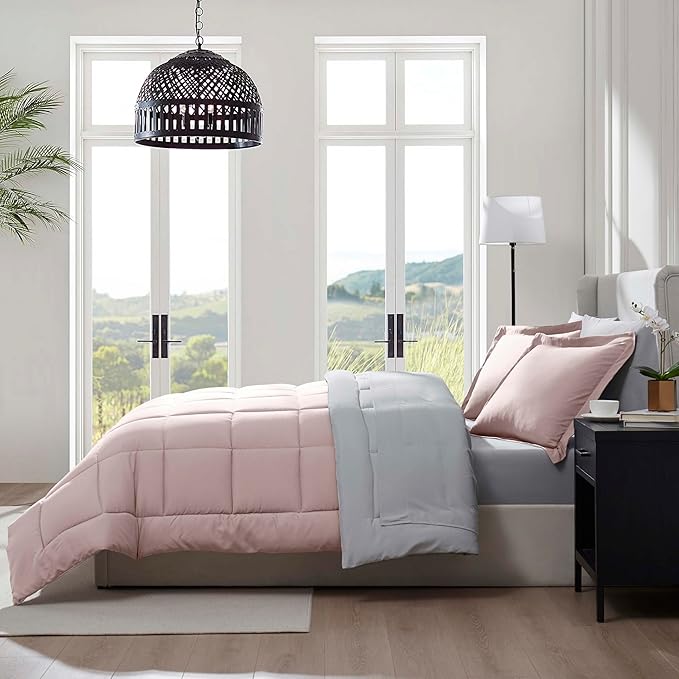 Nestl 7 Piece California King Comforter Set – Blush Pink Reversible Bed in a Bag – Complete Cal King Size Bedding Set with Sheets, Pillowcases and Shams