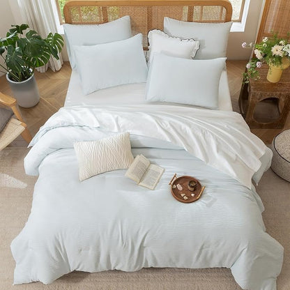 Queen Comforter Set Glacier Blue, 3 Pieces Double-Layer Crinkle Gauze Soft Bedding for All-Season Lightweight Warmth with 2 Pillowcases