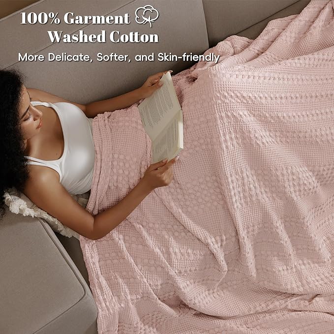 PHF 100% Cotton Waffle Weave Blanket Twin Size for Bed, Soft Lightweight & Breathable for Spring and Summer, All-Season Comfort, Luxury Aesthetic Blanket for Home Decor, 66"x90", Pink/Mauve