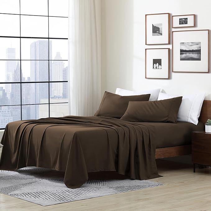 Cathay Home Essentials Ultra Soft Hypoallergenic Wrinkle Resistant Double Brushed Microfiber Bedding Sheet Set, Brown, Twin