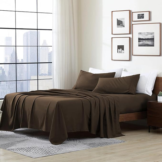 Cathay Home Essentials Ultra Soft Hypoallergenic Wrinkle Resistant Double Brushed Microfiber Bedding Sheet Set, Brown, Twin