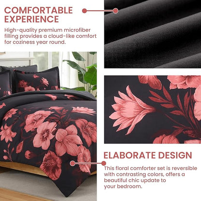 Floral Comforter Set Queen Size, 7 Piece Black Bed in a Bag, Elegant Flower Pattern Comforter Set with Sheet, Soft Microfiber Complete Bedding Sets for All Season