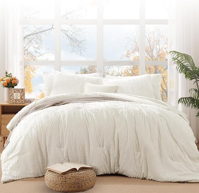 WRENSONGE Full Size Comforter Set with Sheets - 7 Pieces White Tufted Bed in a Bag Full Shabby Chic Bedding Sets with 1 Comforter, 2 Sheets, 2 Pillowcases & 2 Shams