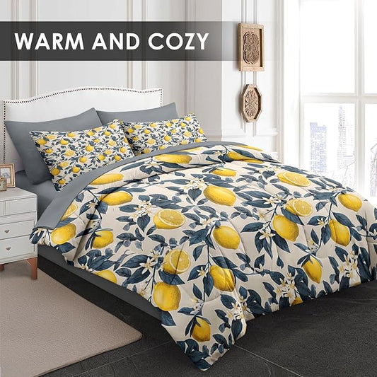 Comforter Set Full Size, Fruit Lemons Blue 7 Pcs Bedding for Kids and Adults, Leaves Brown Flower Bed Sheet Sets with Fitted Sheet 2 Pillowcase & 2 Sham for Bedroom Bed Decor