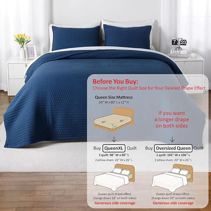 XL Queen Quilt Set – 98"x98" Soft Washed 3-Layer Lightweight Bedspread with Multi-Lock Quilting,Minimalist Nordic Bedding,All-Season Quilt for Spring, Summer & Fall(1 Quilt + 2 Pillow Shams),Dark Blue