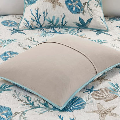Madison Park Quilt Set Cottage Coastal Design, Starfish Print - All Season Lightweight Coverlet Bedding Layer, Shams, Toss Pillows, Pebble Beach, Aqua, Full/Queen(90 in x 90 in) 6 Piece