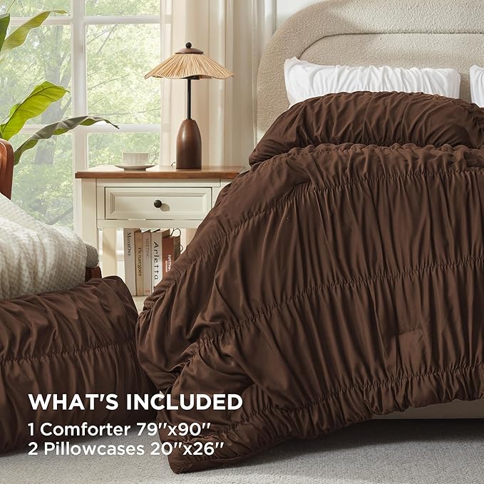 Andency Ruched Brown Full Size Comforter Sets, Shabby Chic Pleatd Bedding Sets 3 Pieces, Lightweight Soft Boho Ruffle Bed Set for Girls, Kids, Women, All Season