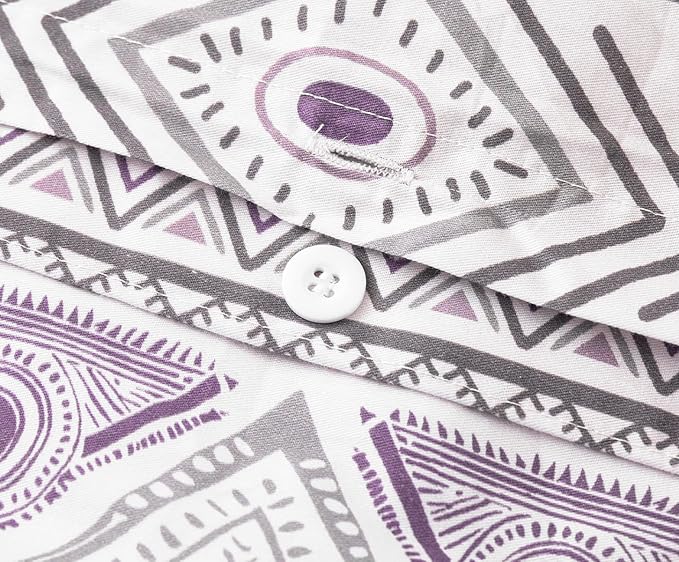 SLEEPBELLA Boho Chic Striped King Size Duvet Cover Set - 100% Cotton with Button Closure in White and Purple