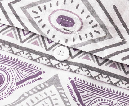 SLEEPBELLA Boho Chic Striped King Size Duvet Cover Set - 100% Cotton with Button Closure in White and Purple