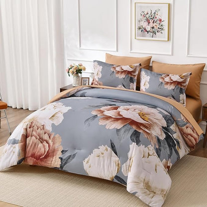 Dobuyly Floral Comforter Set Queen, Brown Flower Printed on Grey Comforter Set with Sheets, 7 Piece Botanical Bed in a Bag, Soft Microfiber Farmhouse Bedding Set for All Season