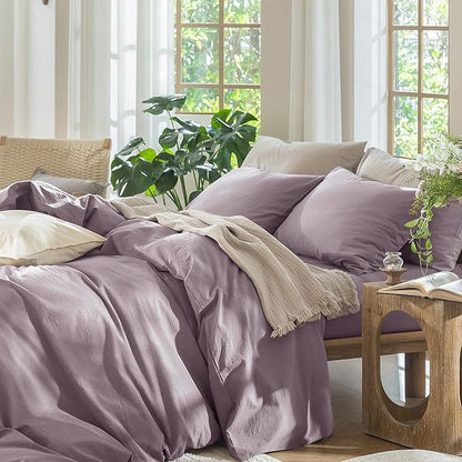 MooMee Bedding Duvet Cover Set 100% Washed Cotton Linen Like Textured Breathable Durable Soft Comfy (Solid Taro Purple, Oversized King Plus 128"x120")
