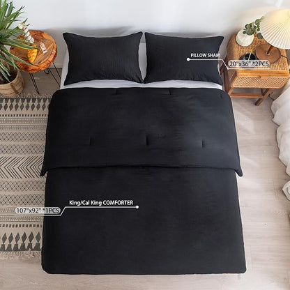 COTTEBED Ultra-Soft Black Comforter King, Cozy Softness Solid Chic Washed PolyCotton Microfiber, California King Size Bedding Down Comforter Blanket Set and Pillowcase, Lightweight But Warm All Season