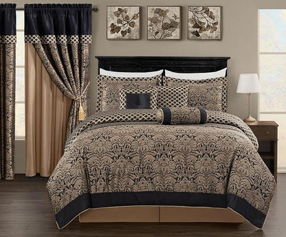 Chezmoi Collection 7-Piece Black/Gold Diamond Floral Medallion Jacquard Woven Comforter Set, King