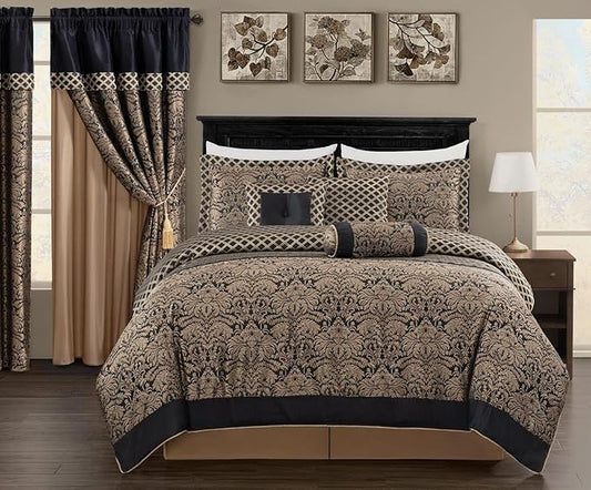 Chezmoi Collection 7-Piece Black/Gold Diamond Floral Medallion Jacquard Woven Comforter Set, King