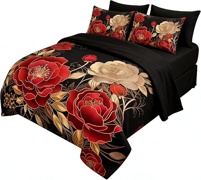 Vintage Floral Twin Size Bed in A Bag for Girls, 7Pcs Modern Black Red Comforter Set, Farmhouse Country Botanical Quilted Bedding with 2 Pillowcases, 68"x86"