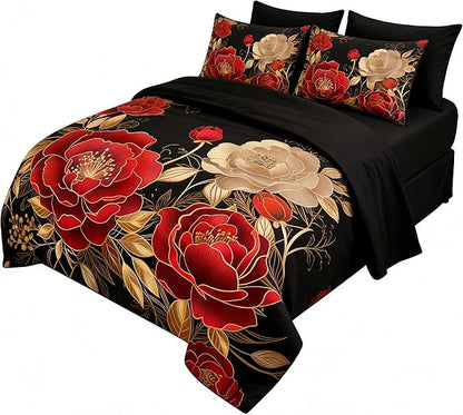 Vintage Floral Twin Size Bed in A Bag for Girls, 7Pcs Modern Black Red Comforter Set, Farmhouse Country Botanical Quilted Bedding with 2 Pillowcases, 68"x86"