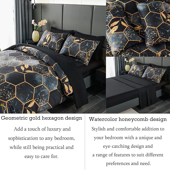 ANGIYUIN Black King Size Comforter Set Geometric Comforter 7Pcs Foil Print Bed in A Bag Marble Bedding Comforter Sets 3D Honeycomb Hexagon Decor Gold Trim Bed Set for Women Men (Black King)