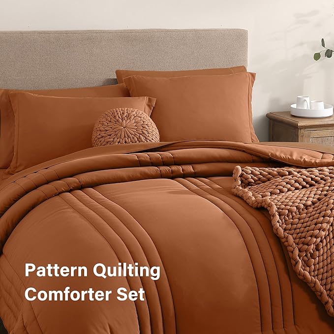 Monbix Super King Plus Size Comforter Set - 7 Pieces Burnt Orange Bed in a Bag Super King Plus Bedding Sets with Comforters, All Seasons Comforter Bed Set with Sheets,Pillowcases & Shams