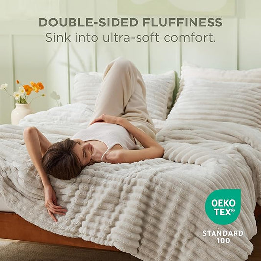 Bedsure Comforter Set Queen Size - GentleSoft™ 3 Pieces Double-Side Fleece Fluffy Linen Comforter Set, Cozy Striped Room Decor Aesthetic, Luxury Bedding Queen Size, 2 Pillowcases, 90x90 Inches