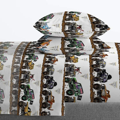 Jay Franco Kids Sheet Set with Fitted, Flat Sheets & Pillow Cover - Ultra-Soft Bedding with Pillowcase for Room Decor, Multi - Monster Jam, 4 Piece Queen