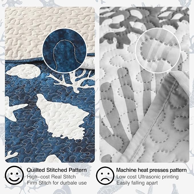 HORIMOTE HOME Coastal Quilt Bedding Set King Size, Reversible Navy Summer Beach Quilt Lightweight Ocean Nautical Comforter Tropical Bedspread Coverlet with 2 Pillow Shams for All Seasons (106"x96")